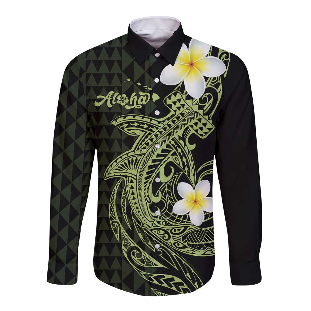 Aloha Hammerhead Shark Long Sleeve Button Shirt Lime Rickey Hawaiian Kakau Tribal Tattoo LT9 Unisex Lime - Polynesian Pride