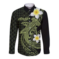 Aloha Hammerhead Shark Long Sleeve Button Shirt Lime Rickey Hawaiian Kakau Tribal Tattoo