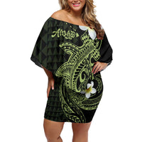 Aloha Hammerhead Shark Off Shoulder Short Dress Lime Rickey Hawaiian Kakau Tribal Tattoo
