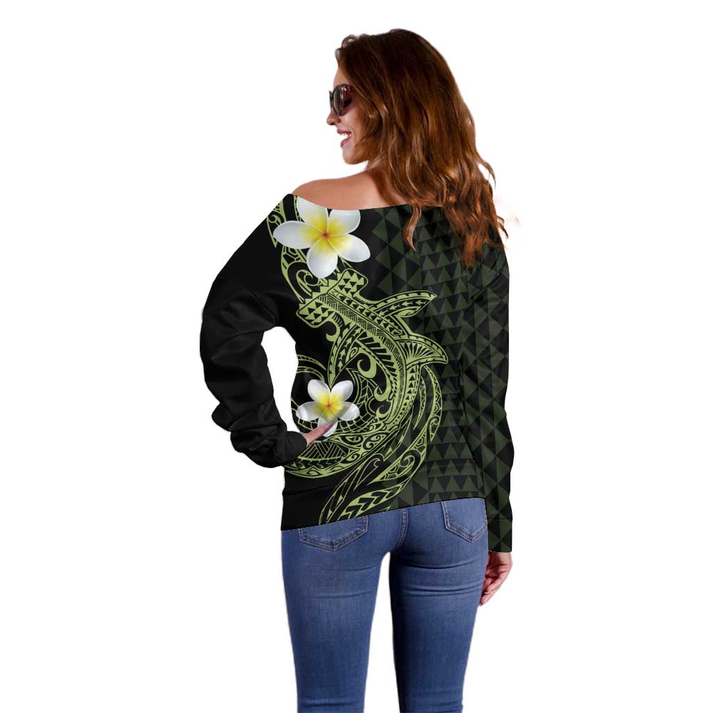 Aloha Hammerhead Shark Off Shoulder Sweater Lime Rickey Hawaiian Kakau Tribal Tattoo