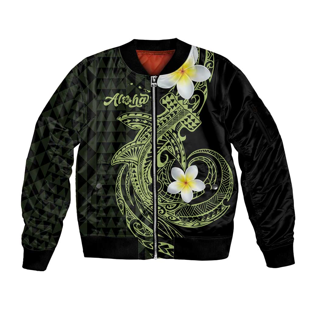 Aloha Hammerhead Shark Sleeve Zip Bomber Jacket Lime Rickey Hawaiian Kakau Tribal Tattoo LT9 Unisex Lime - Polynesian Pride