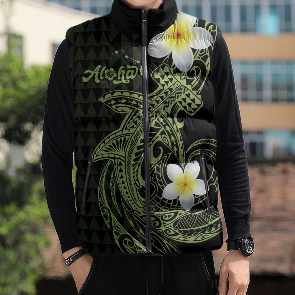 Aloha Hammerhead Shark Sleeveless Puffer Jacket Lime Rickey Hawaiian Kakau Tribal Tattoo - Polynesian Pride