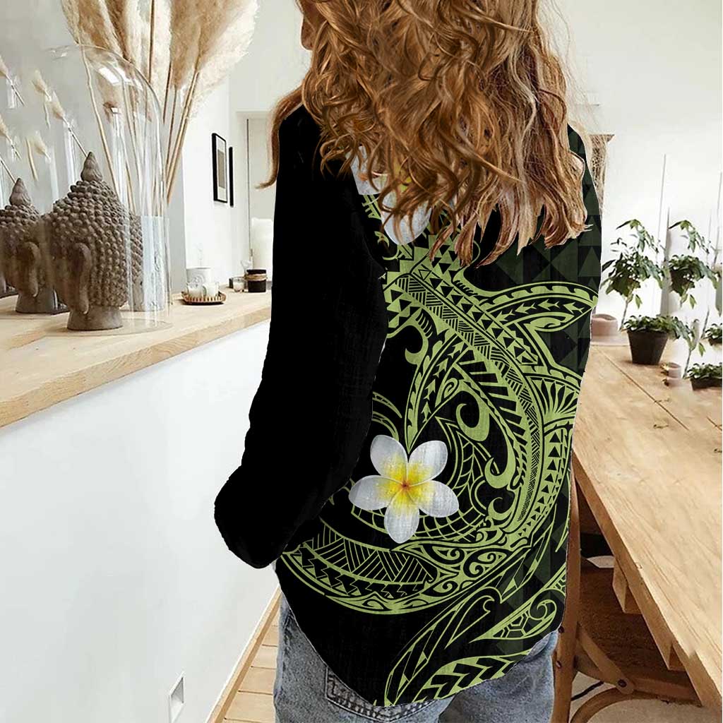 Aloha Hammerhead Shark Women Casual Shirt Lime Rickey Hawaiian Kakau Tribal Tattoo