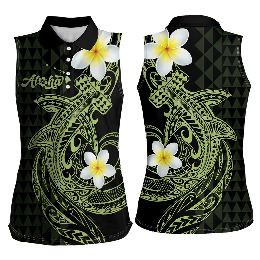 Aloha Hammerhead Shark Women Sleeveless Polo Shirt Lime Rickey Hawaiian Kakau Tribal Tattoo