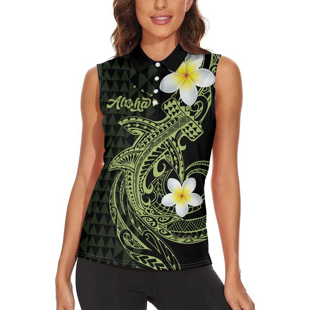 Aloha Hammerhead Shark Women Sleeveless Polo Shirt Lime Rickey Hawaiian Kakau Tribal Tattoo