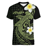 Aloha Hammerhead Shark Women V-Neck T-Shirt Lime Rickey Hawaiian Kakau Tribal Tattoo
