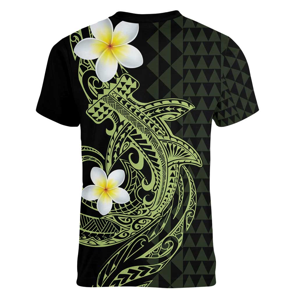 Aloha Hammerhead Shark Women V-Neck T-Shirt Lime Rickey Hawaiian Kakau Tribal Tattoo