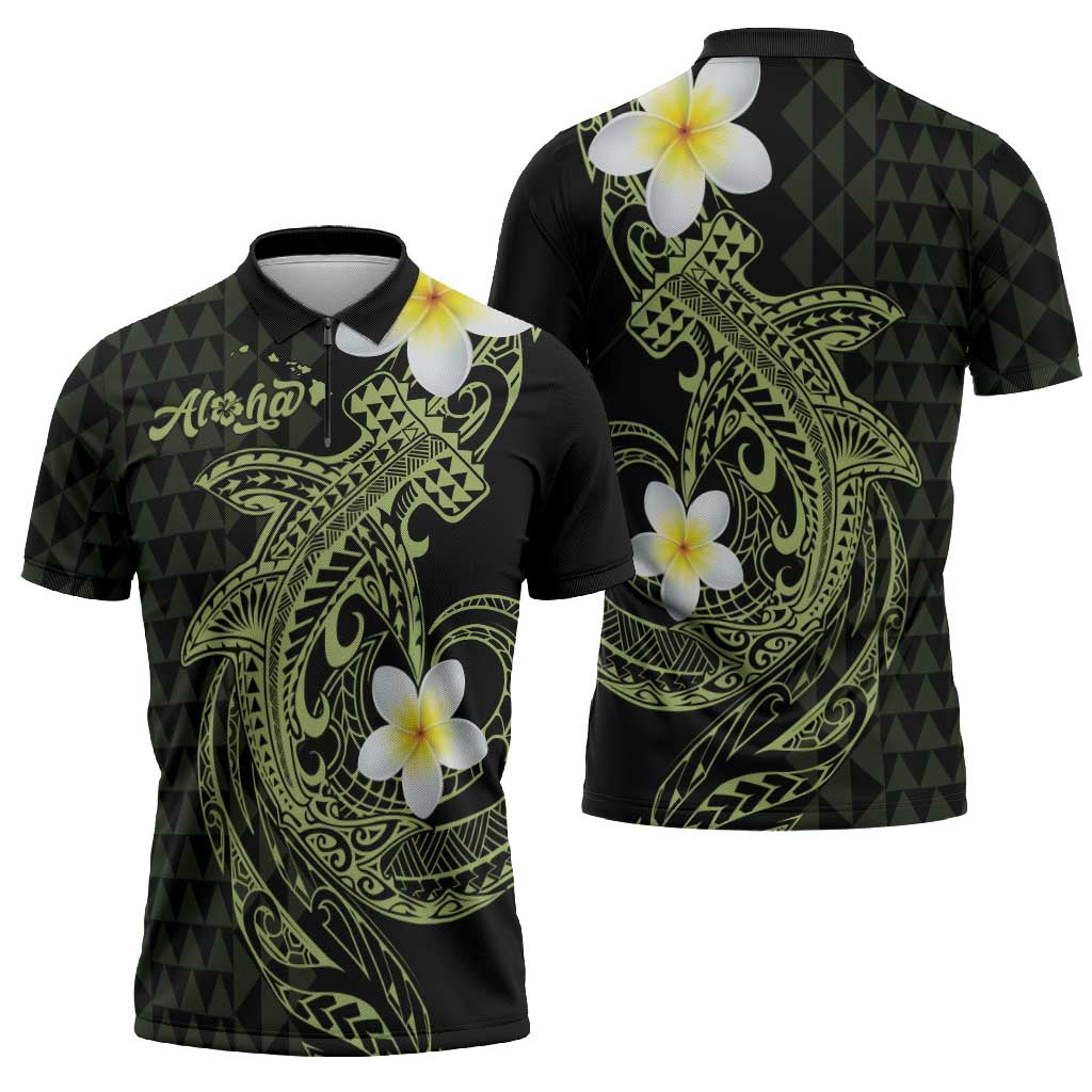 Aloha Hammerhead Shark Zipper Polo Shirt Lime Rickey Hawaiian Kakau Tribal Tattoo - Polynesian Pride