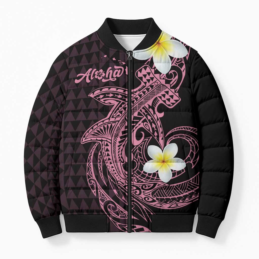Aloha Hammerhead Shark Bomber Puffer Jacket Vivacious Pink Hawaiian Kakau Tribal Tattoo - Polynesian Pride