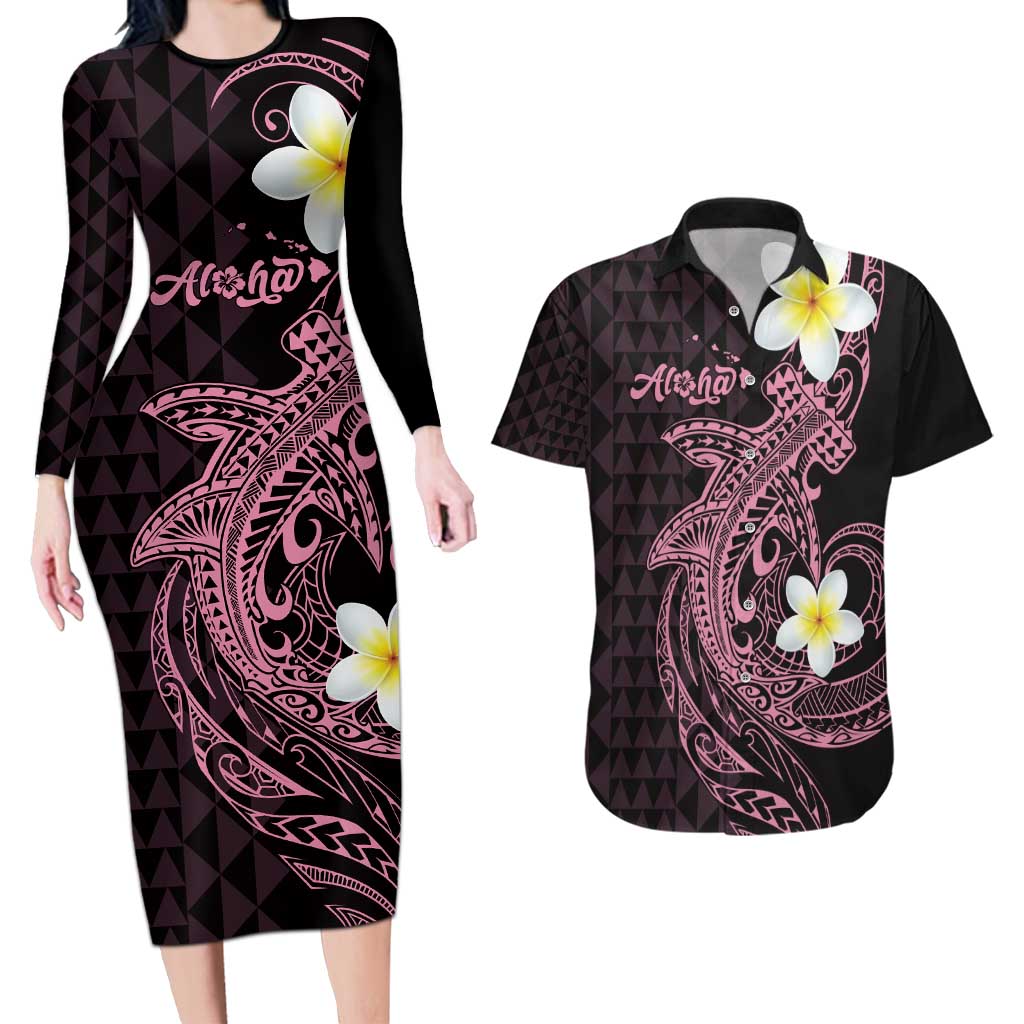 Aloha Hammerhead Shark Couples Matching Long Sleeve Bodycon Dress and Hawaiian Shirt Vivacious Pink Hawaiian Kakau Tribal Tattoo