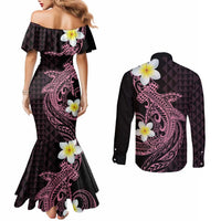 Aloha Hammerhead Shark Couples Matching Mermaid Dress and Long Sleeve Button Shirt Vivacious Pink Hawaiian Kakau Tribal Tattoo