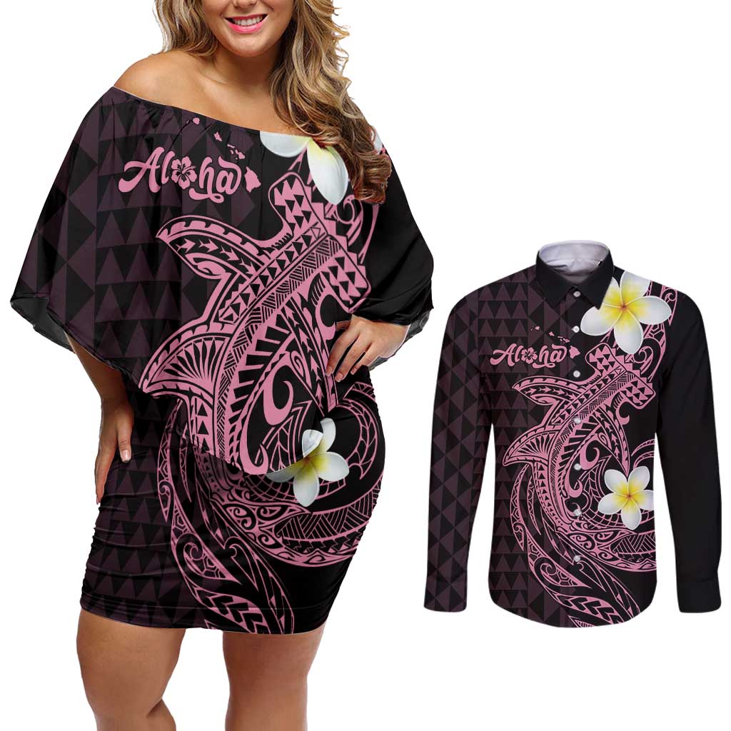 Aloha Hammerhead Shark Couples Matching Off Shoulder Short Dress and Long Sleeve Button Shirt Vivacious Pink Hawaiian Kakau Tribal Tattoo
