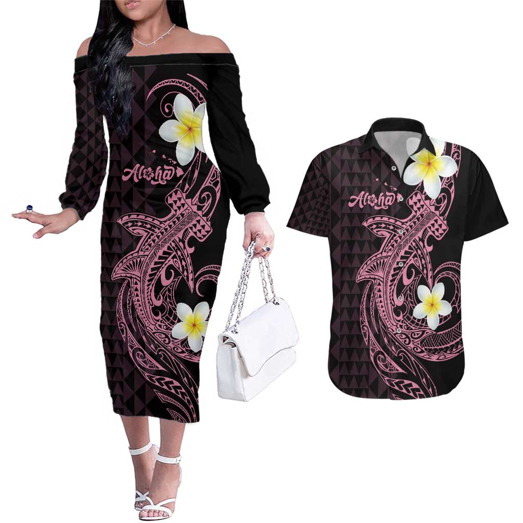 Aloha Hammerhead Shark Couples Matching Off The Shoulder Long Sleeve Dress and Hawaiian Shirt Vivacious Pink Hawaiian Kakau Tribal Tattoo