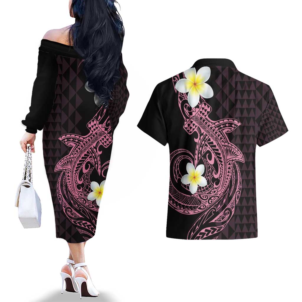Aloha Hammerhead Shark Couples Matching Off The Shoulder Long Sleeve Dress and Hawaiian Shirt Vivacious Pink Hawaiian Kakau Tribal Tattoo