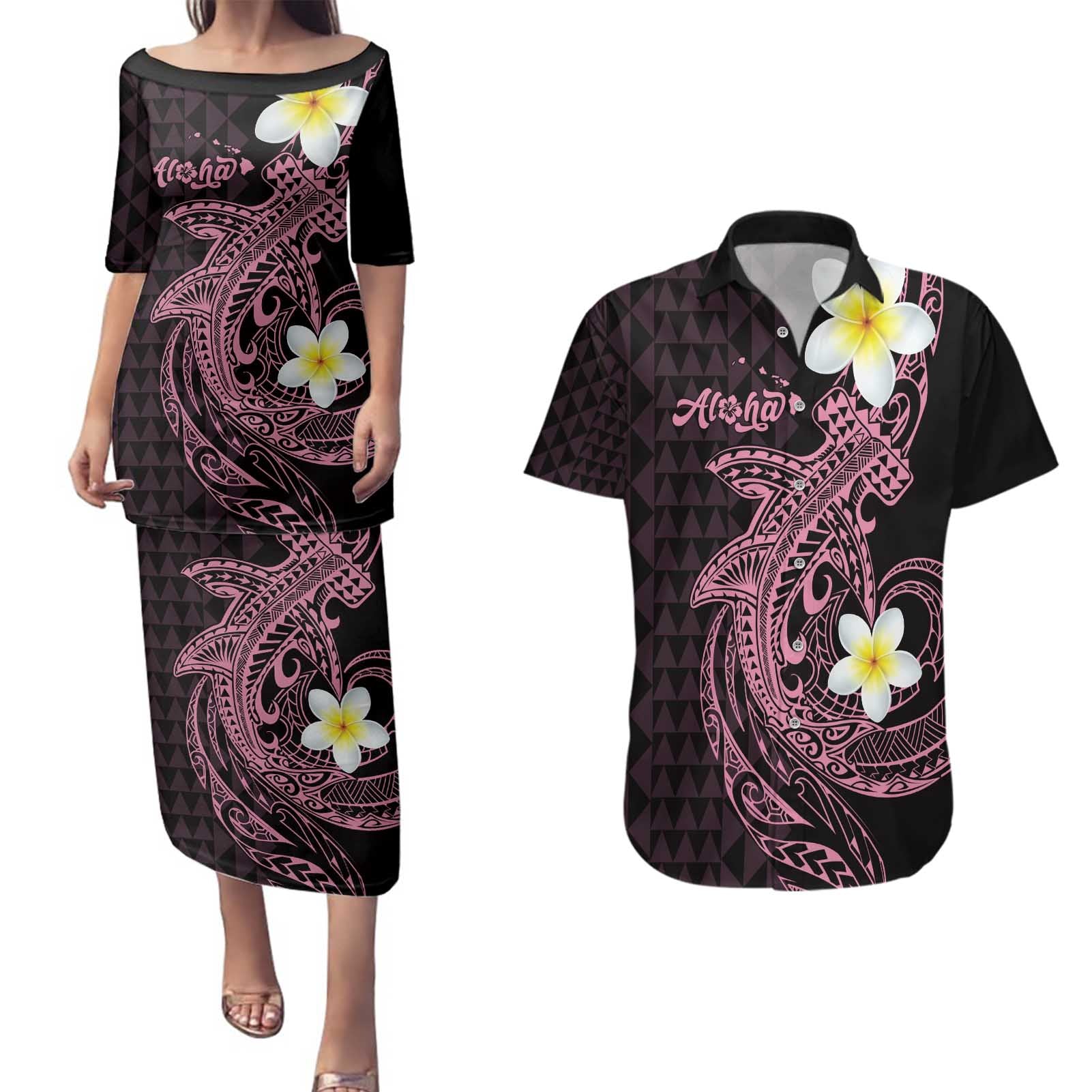 Aloha Hammerhead Shark Couples Matching Puletasi and Hawaiian Shirt Vivacious Pink Hawaiian Kakau Tribal Tattoo