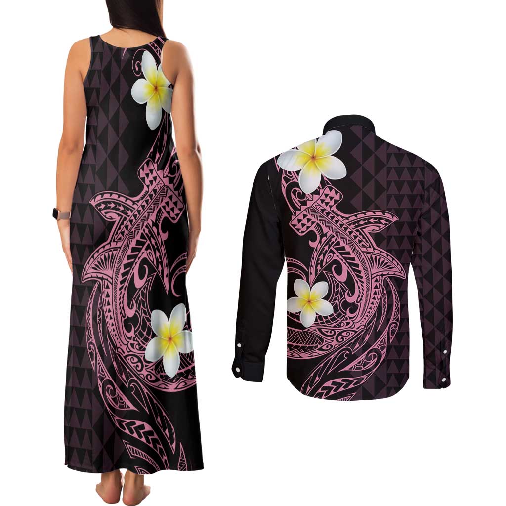 Aloha Hammerhead Shark Couples Matching Tank Maxi Dress and Long Sleeve Button Shirt Vivacious Pink Hawaiian Kakau Tribal Tattoo