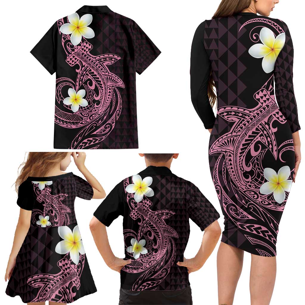 Aloha Hammerhead Shark Family Matching Long Sleeve Bodycon Dress and Hawaiian Shirt Vivacious Pink Hawaiian Kakau Tribal Tattoo