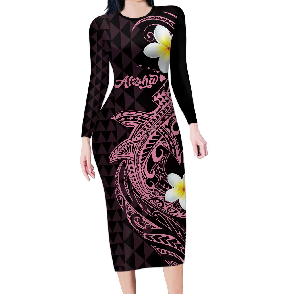 Aloha Hammerhead Shark Family Matching Long Sleeve Bodycon Dress and Hawaiian Shirt Vivacious Pink Hawaiian Kakau Tribal Tattoo