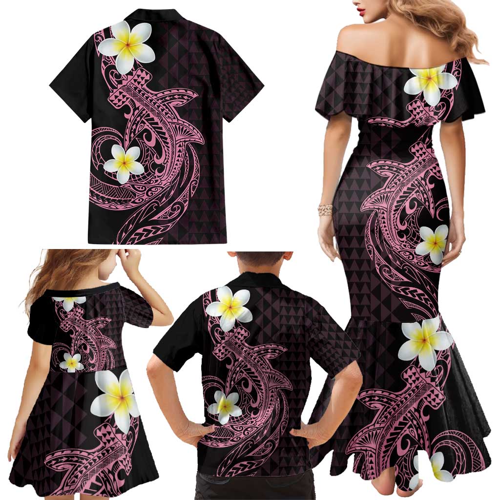 Aloha Hammerhead Shark Family Matching Mermaid Dress and Hawaiian Shirt Vivacious Pink Hawaiian Kakau Tribal Tattoo