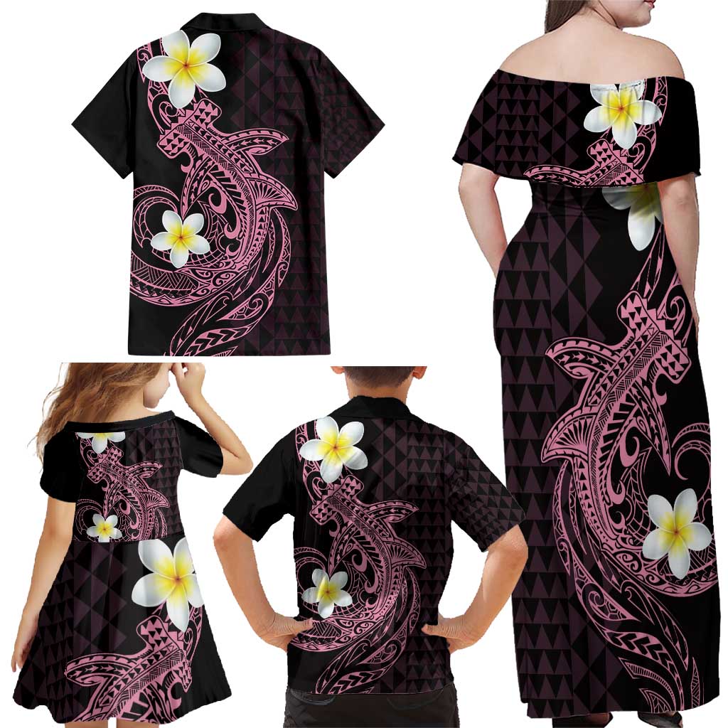 Aloha Hammerhead Shark Family Matching Off Shoulder Maxi Dress and Hawaiian Shirt Vivacious Pink Hawaiian Kakau Tribal Tattoo