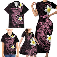 Aloha Hammerhead Shark Family Matching Short Sleeve Bodycon Dress and Hawaiian Shirt Vivacious Pink Hawaiian Kakau Tribal Tattoo