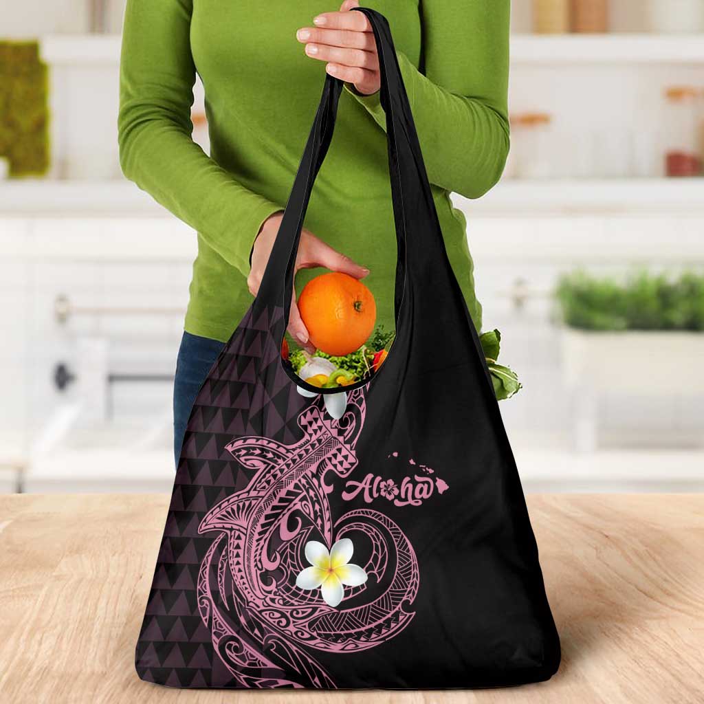 Aloha Hammerhead Shark Grocery Bag Vivacious Pink Hawaiian Kakau Tribal Tattoo