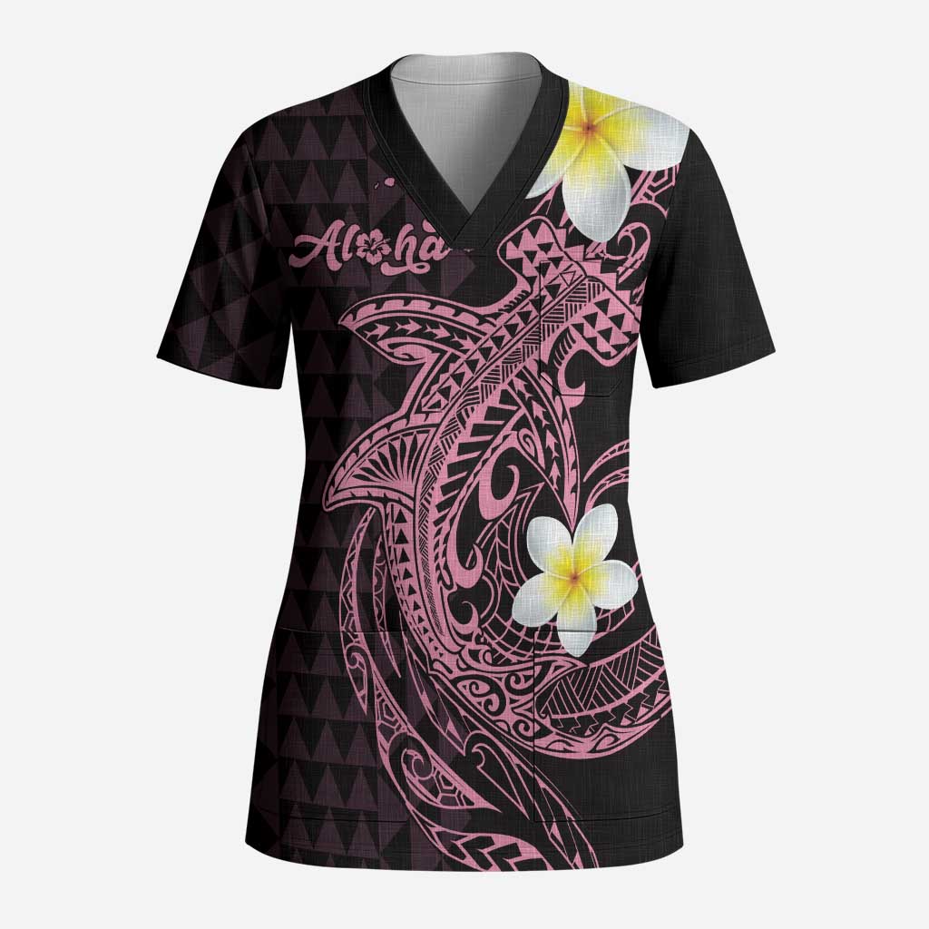 Aloha Hammerhead Shark Scrub Top Vivacious Pink Hawaiian Kakau Tribal Tattoo - Polynesian Pride