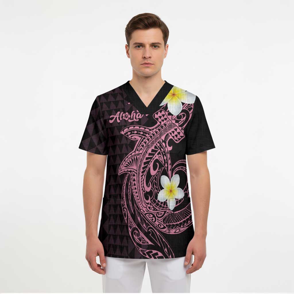 Aloha Hammerhead Shark Scrub Top Vivacious Pink Hawaiian Kakau Tribal Tattoo - Polynesian Pride