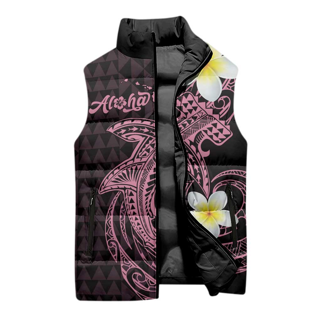 Aloha Hammerhead Shark Sleeveless Puffer Jacket Vivacious Pink Hawaiian Kakau Tribal Tattoo - Polynesian Pride