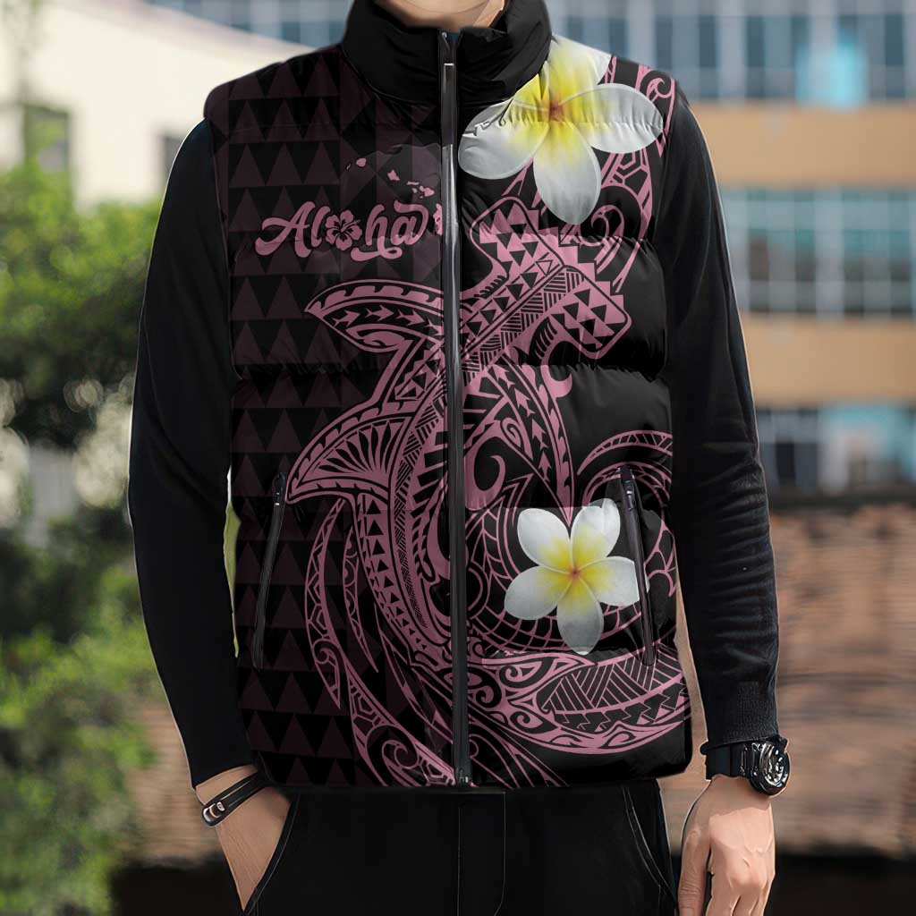 Aloha Hammerhead Shark Sleeveless Puffer Jacket Vivacious Pink Hawaiian Kakau Tribal Tattoo - Polynesian Pride