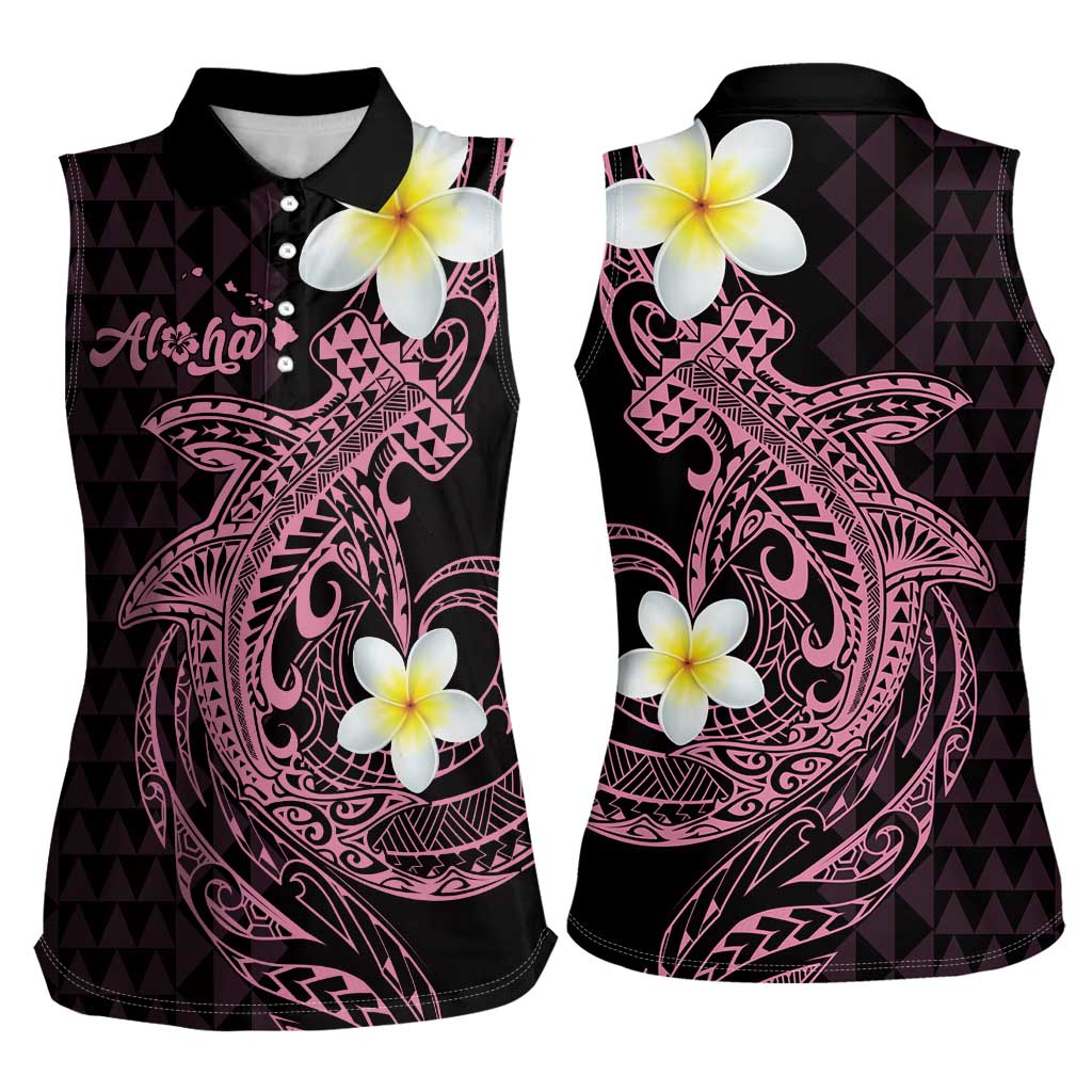 Aloha Hammerhead Shark Women Sleeveless Polo Shirt Vivacious Pink Hawaiian Kakau Tribal Tattoo