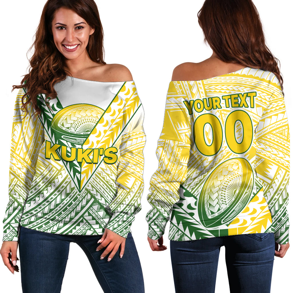 (Custom Text And Number) The Kuki's Cook Islands Rugby Off Shoulder Sweater Be Unique Vibe White LT9 Women White - Polynesian Pride