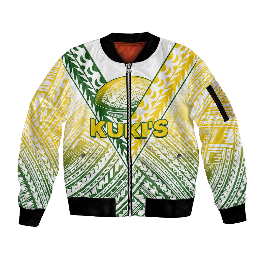 (Custom Text And Number) The Kuki's Cook Islands Rugby Sleeve Zip Bomber Jacket Be Unique Vibe White LT9 Unisex White - Polynesian Pride