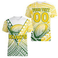 (Custom Text And Number) The Kuki's Cook Islands Rugby Women V Neck T Shirt Be Unique Vibe White LT9 Female White - Polynesian Pride