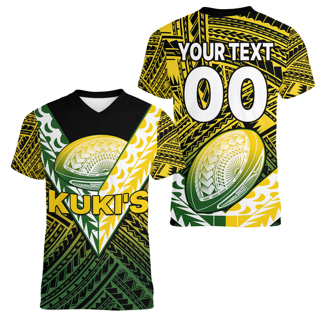 (Custom Text And Number) The Kuki's Cook Islands Rugby Women V Neck T Shirt Be Unique Vibe Black LT9 Female Black - Polynesian Pride