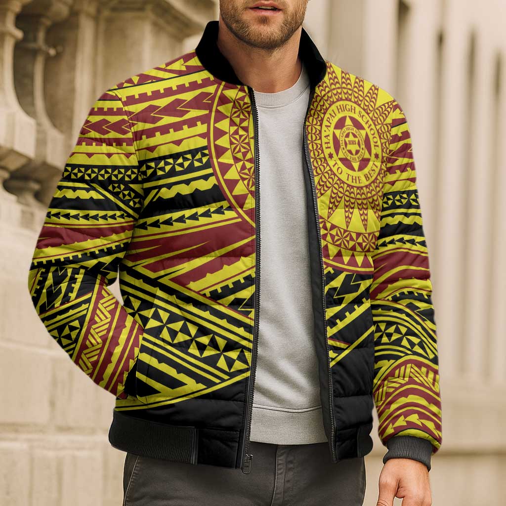 Personalised Tonga Ha apai High School Bomber Puffer Jacket Ngatu Fonulei Pattern - Polynesian Pride