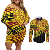 Personalised Tonga Ha apai High School Couples Matching Off Shoulder Short Dress and Long Sleeve Button Shirt Ngatu Fonulei Pattern
