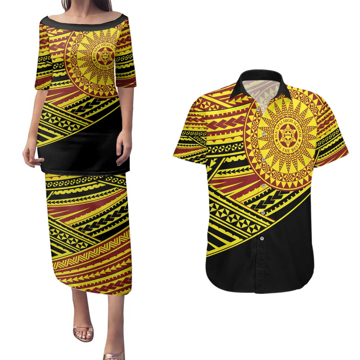Personalised Tonga Ha apai High School Couples Matching Puletasi and Hawaiian Shirt Ngatu Fonulei Pattern