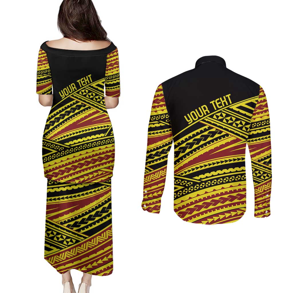 Personalised Tonga Ha apai High School Couples Matching Puletasi and Long Sleeve Button Shirt Ngatu Fonulei Pattern