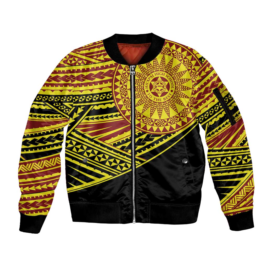 Personalised Tonga Ha apai High School Sleeve Zip Bomber Jacket Ngatu Fonulei Pattern