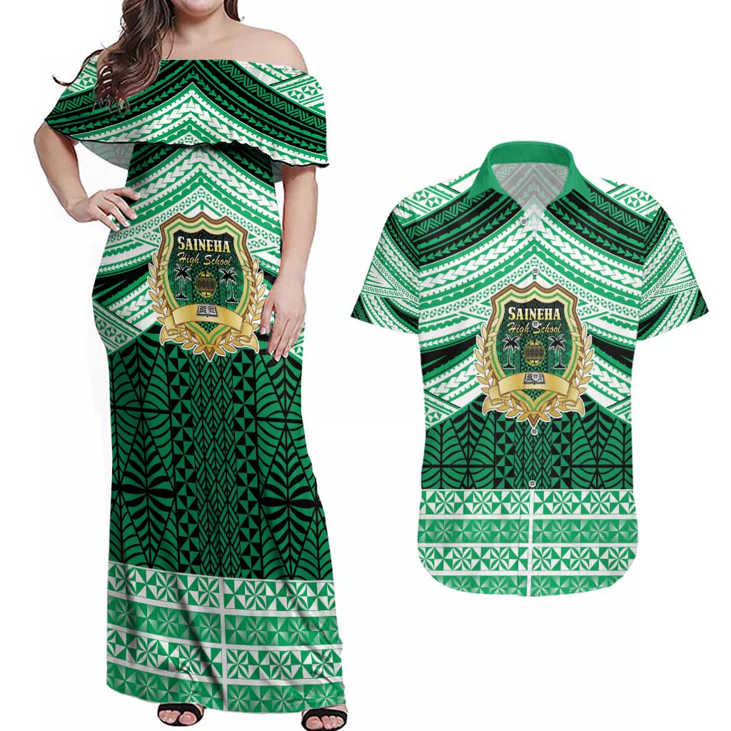Personalised Tonga Saineha High School Couples Matching Off Shoulder Maxi Dress and Hawaiian Shirt Polynesian Ngatu Tribal