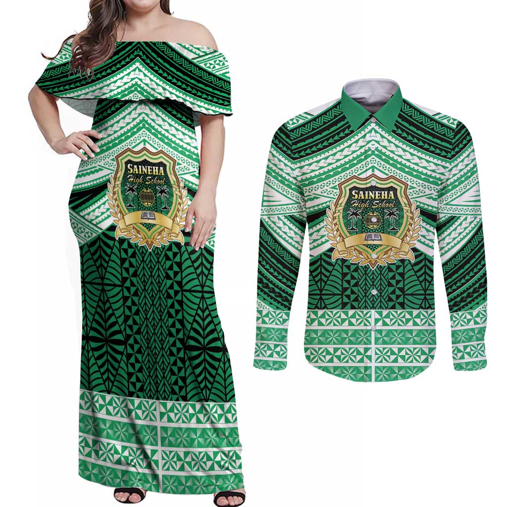 Personalised Tonga Saineha High School Couples Matching Off Shoulder Maxi Dress and Long Sleeve Button Shirt Polynesian Ngatu Tribal