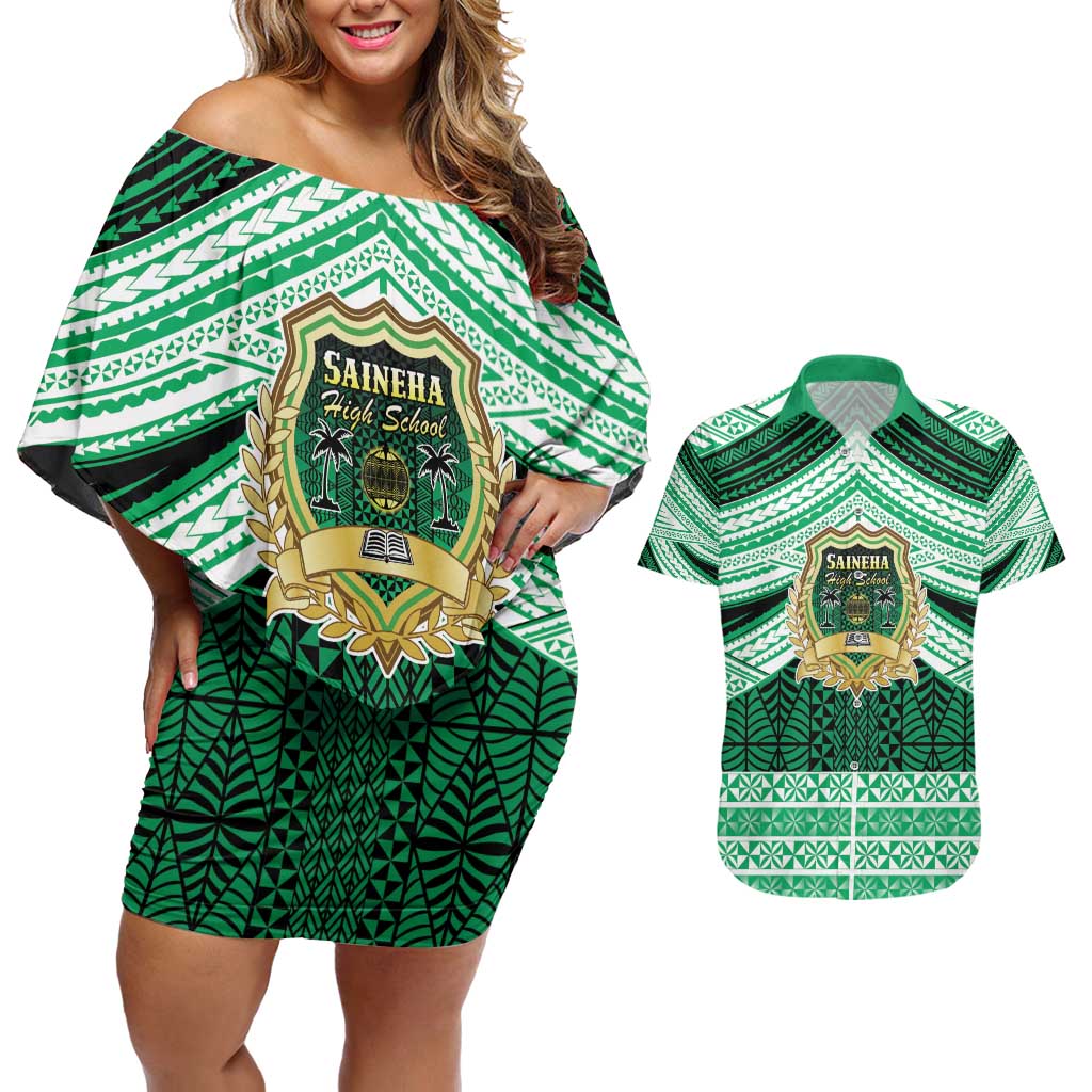 Personalised Tonga Saineha High School Couples Matching Off Shoulder Short Dress and Hawaiian Shirt Polynesian Ngatu Tribal