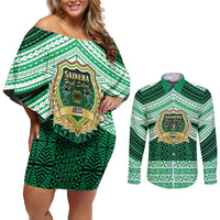 Personalised Tonga Saineha High School Couples Matching Off Shoulder Short Dress and Long Sleeve Button Shirt Polynesian Ngatu Tribal