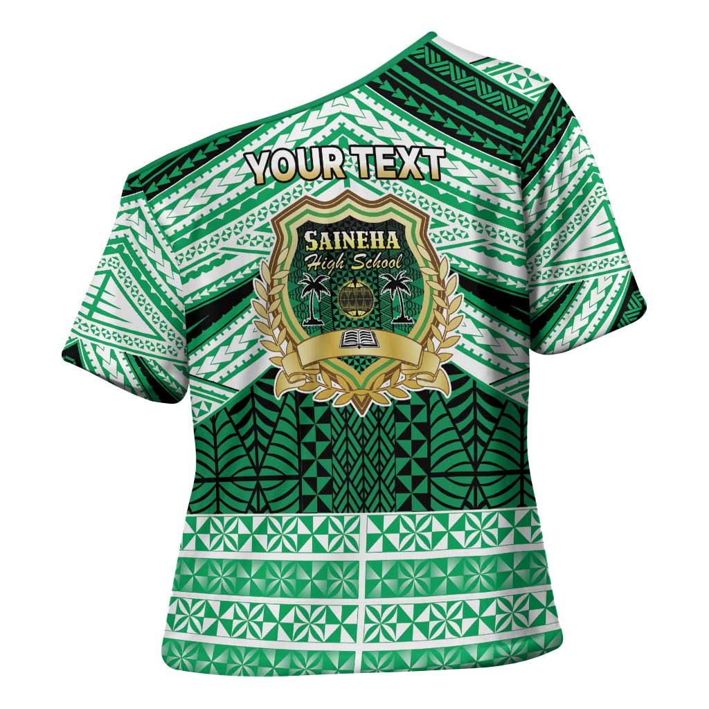 Personalised Tonga Saineha High School Cross Shoulder Shirt Polynesian Ngatu Tribal - Polynesian Pride