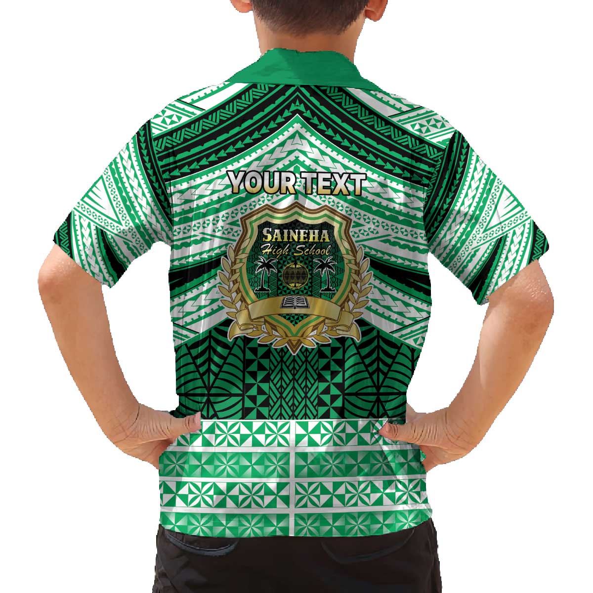 Personalised Tonga Saineha High School Family Matching Off The Shoulder Long Sleeve Dress and Hawaiian Shirt Polynesian Ngatu Tribal