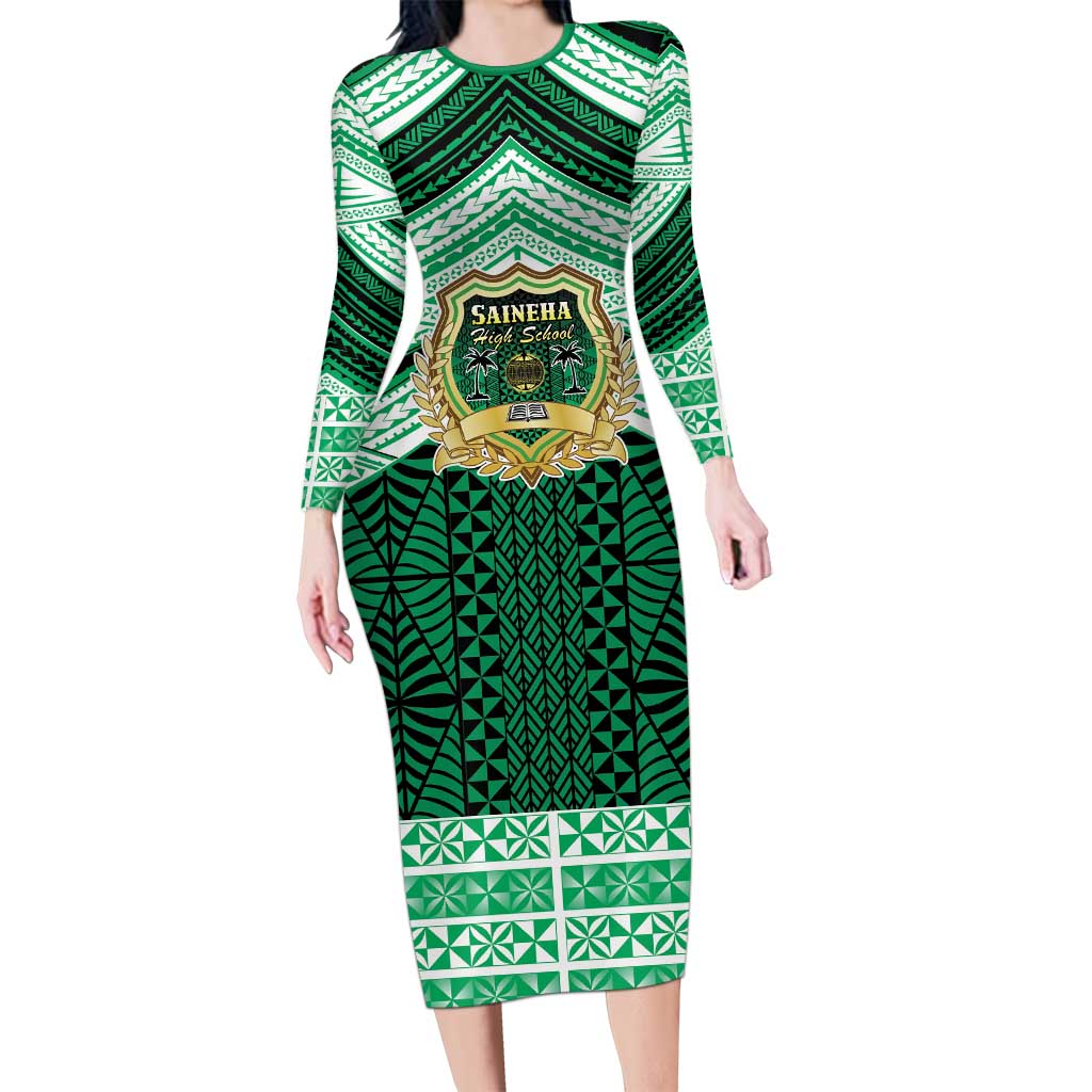Personalised Tonga Saineha High School Long Sleeve Bodycon Dress Polynesian Ngatu Tribal