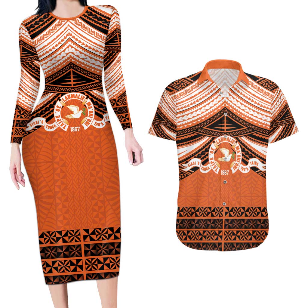 Personalised Tonga Tailulu College Couples Matching Long Sleeve Bodycon Dress and Hawaiian Shirt Polynesian Ngatu Tribal