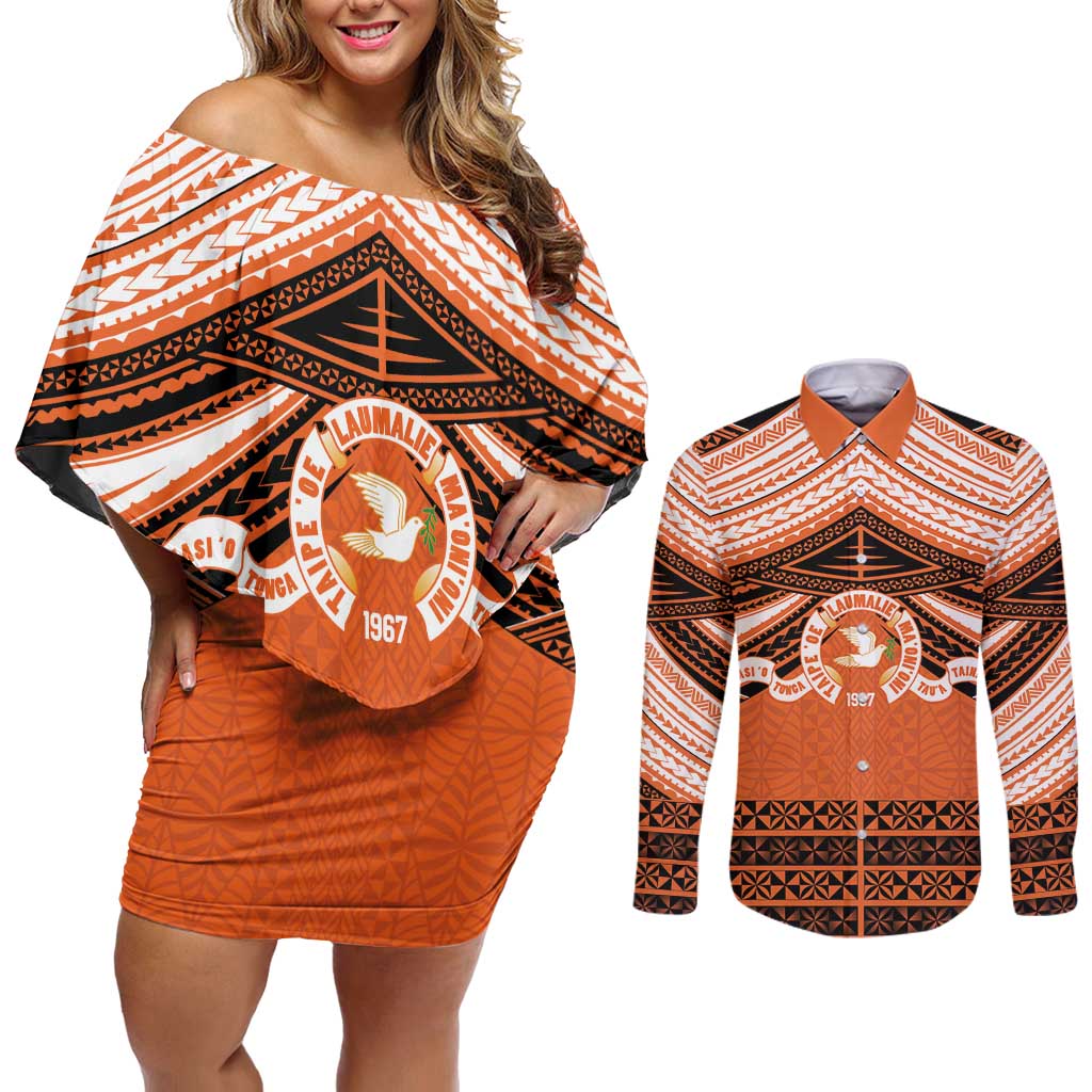 Personalised Tonga Tailulu College Couples Matching Off Shoulder Short Dress and Long Sleeve Button Shirt Polynesian Ngatu Tribal