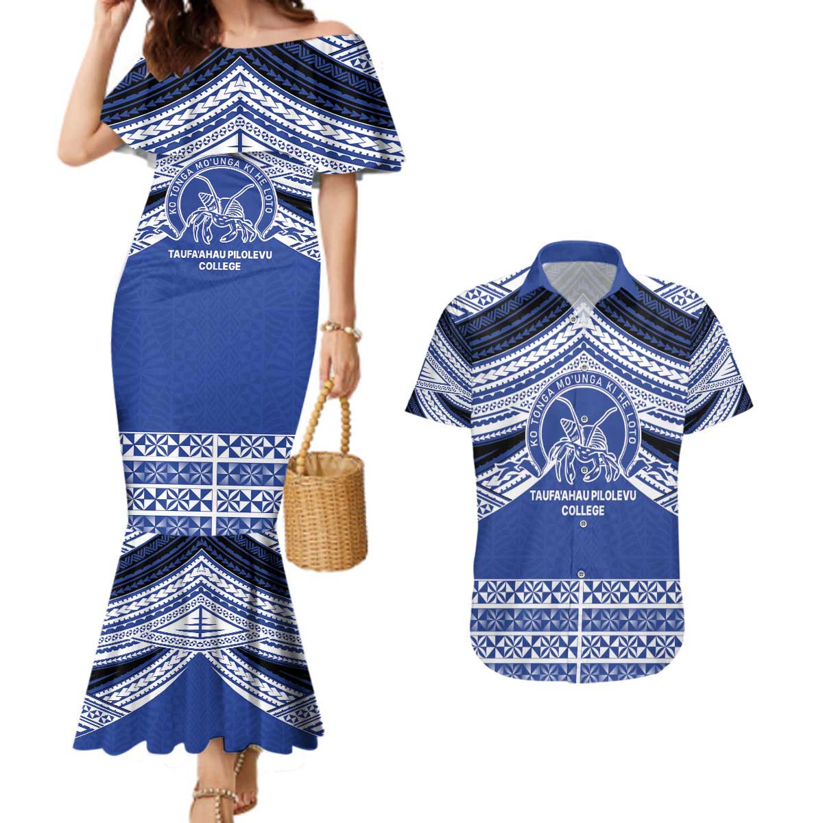 Personalised Tonga Taufa'ahau Pilolevu College Couples Matching Mermaid Dress and Hawaiian Shirt Polynesian Ngatu Tribal